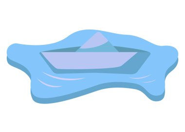 Karikatür düz kağıt tekne bir su birikintisi yüzen.