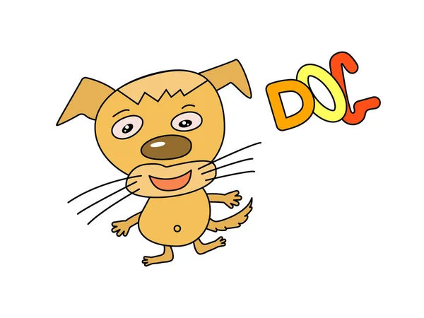 Un encantador perro de dibujos animados tonto está de pie y agitando su cola. Icono de vector plano de cachorro y letras . — Archivo Imágenes Vectoriales