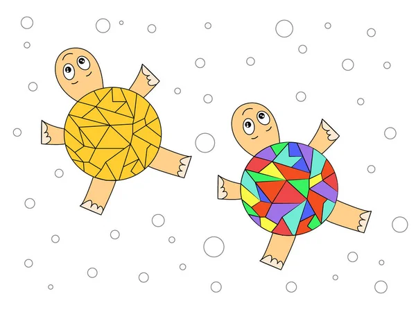 Conjunto de dos lindas tortugas de dibujos animados sobre un fondo de burbujas redondas de agua . — Vector de stock