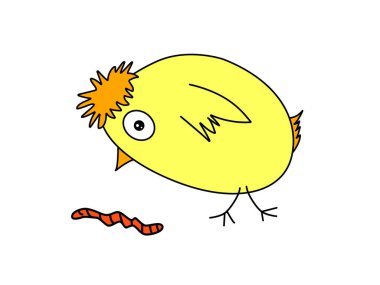 Cartoon chicken is bending over a crawling worm. Farm life.