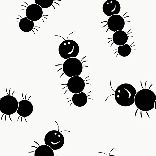 Modèle sans couture avec sourire heureux insectes dessin animé, chenilles, mille-pattes. Silhouettes noires répétées de ravageurs du jardin, insectes, scarabées . — Image vectorielle