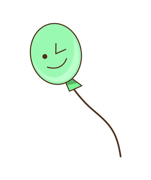 Zielony balon na liny leci w powietrzu, uśmiecha się i mży. Płaska ikona wektora, logo, naklejka, styl kreskówki. — Wektor stockowy