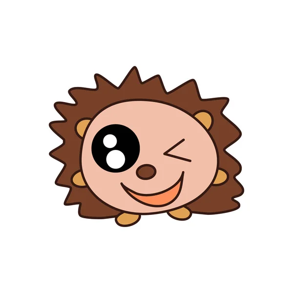 Little brown kawaii hedgehog is standing on its paws, smiling and winking with one eye. Vector flat icon, animal logo. — Stock Vector