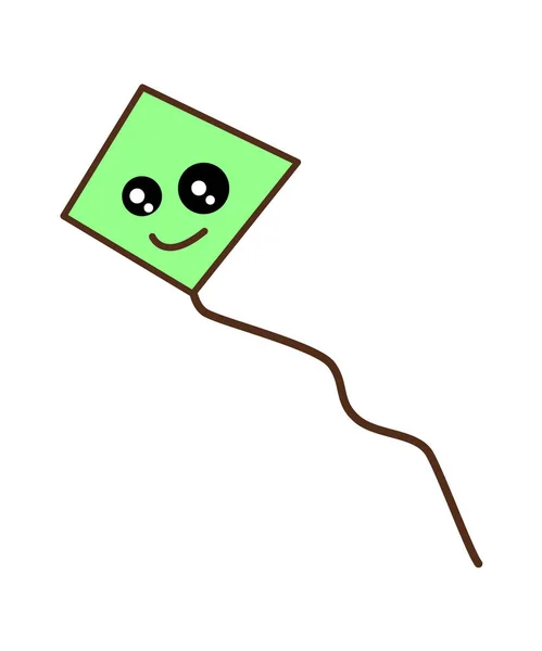 Ein grüner, fröhlicher Drachen mit großen Kawaii-Augen an einem langen Seil, das in der Luft fliegt. Cartoon flache Vektorillustration. — Stockvektor