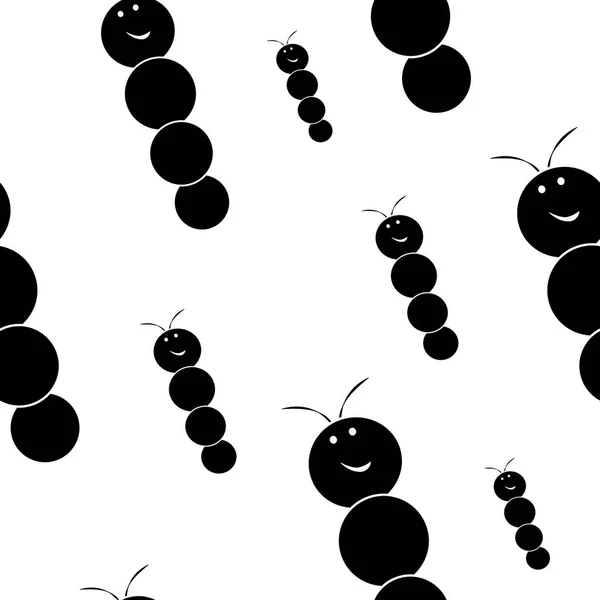 Nahtloses monochromes Muster, flache Cartoon-Insektenfiguren, schwarze Raupen, Würmer-Silhouetten. — Stockvektor
