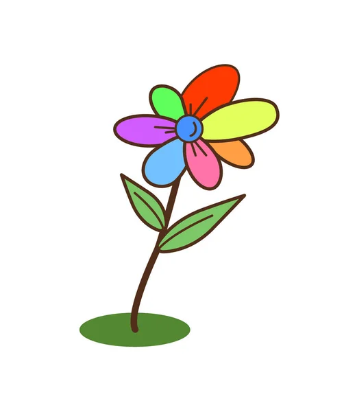 Une fleur de dessin animé lumineux avec des pétales multicolores sur une pelouse d'herbe verte. Plante à fleurs vectorielles plates dans la prairie . — Image vectorielle