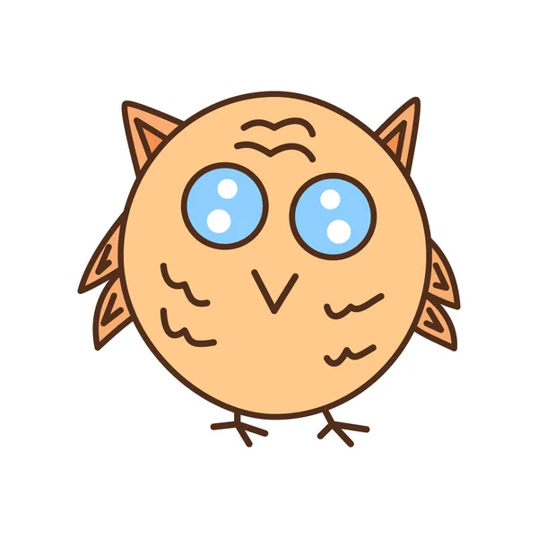 One cartoon brown kawaii owl with huge eyes stands on paws spreading its wings, night forest bird. — Stock Vector