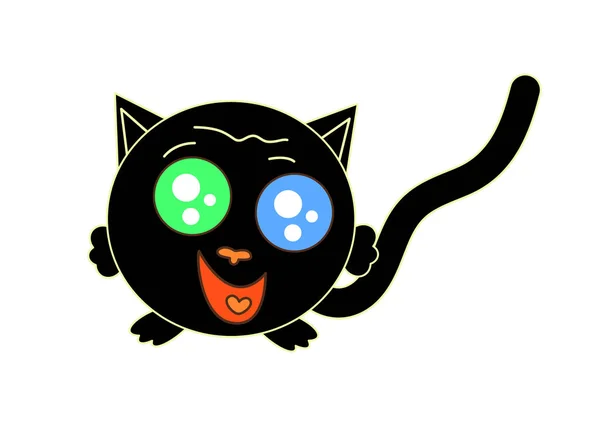Een cartoon zwarte kat met grote multi-gekleurde ogen en een lange staart staat op zijn poten, glimlachend. — Stockvector