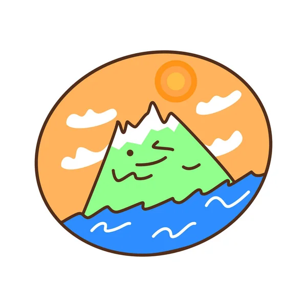 Paisaje vectorial plano. Montaña de dibujos animados, volcán kawaii en el océano sonríe, guiña. Icono turístico . — Archivo Imágenes Vectoriales