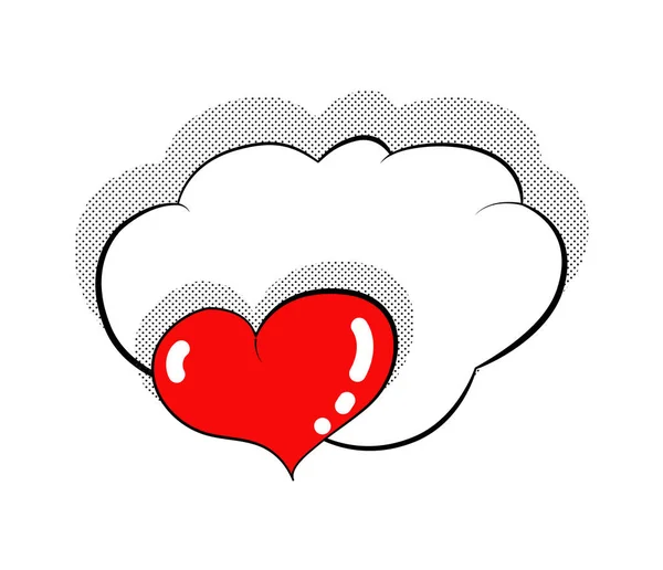 Vintage cuore pop art rosso su una bolla discorso con spazio copia per il testo isolato su sfondo bianco con un effetto punti mezzitoni . — Vettoriale Stock