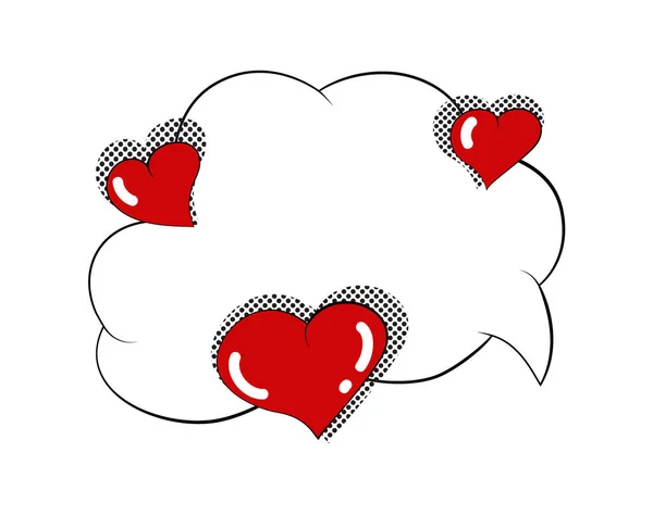 Pop art comic speech bubble with red hearts and halftone dots. — Stock Vector