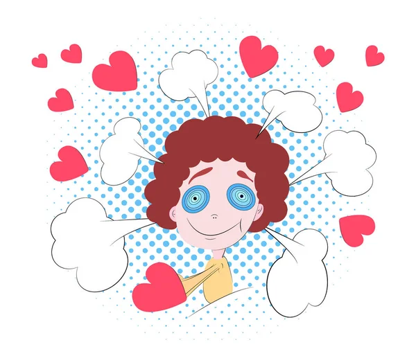 Pop arte cartoon Dia dos Namorados cartaz. Criança com corações vermelhos, bolhas de fala e espaço de cópia para texto . — Vetor de Stock
