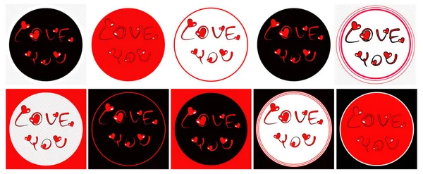 Conjunto de marcos redondos con corazones rojos dibujados a mano. Letras Te amo . — Archivo Imágenes Vectoriales