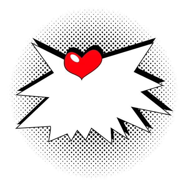 Popart rotes Herz, Explosion, Sprechblase auf halbtonem Hintergrund. Comic-Poster, Druck. Liebe. — Stockvektor