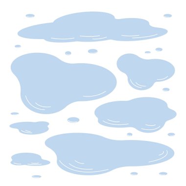Farklı boyutlarda ve şekillerde su birikintileri. Çizgi film stili mavi su birikintisi ve su damlası. Beyaz üzerine izole edilmiş gölcükler. Sonbaharın resmi, bahar havası. Yağmur mevsimi. Islak noktalar.