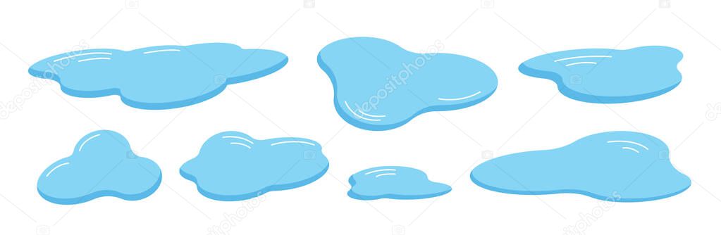 Vector cartoon set of puddles. Collection of reservoirs isolated on white background. Blue clear water. Raindrops in a puddle of water. Rainy autumn, spring weather. Flat illustration. Drawing ponds.