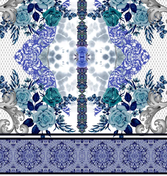 Blaue Blumen Rosen Weißes Design — Stockfoto