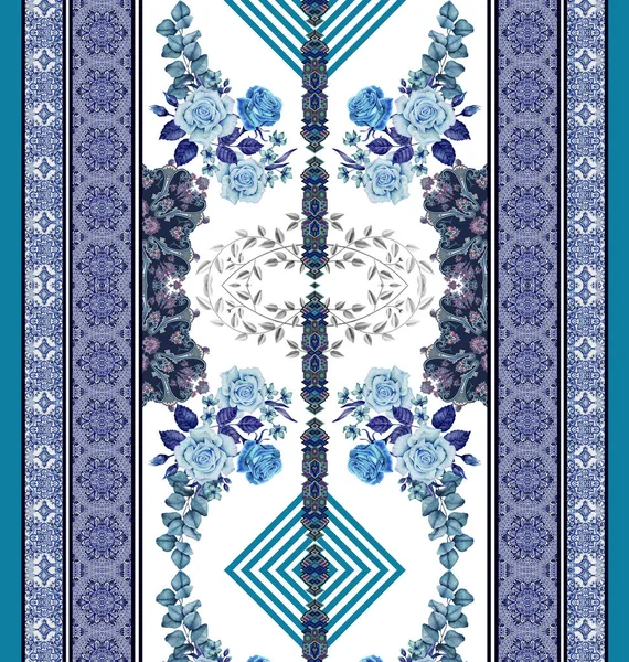 Blommor Geometriskt Blå Vit Design — Stockfoto