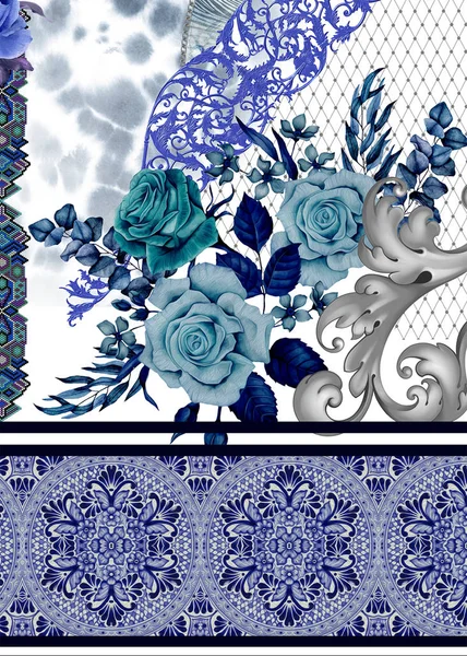 Blommor Rosor Blå Vit Design — Stockfoto