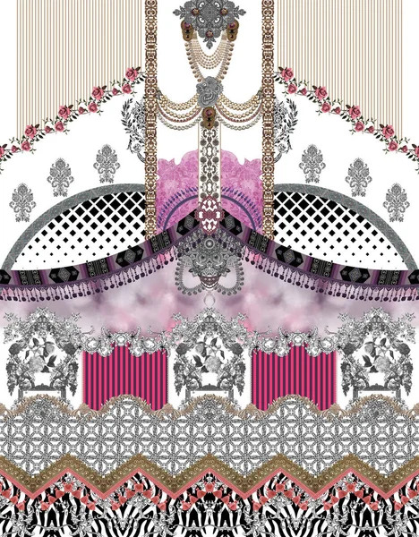 Geometric Paisley Ethnic Pink Black White — Stock Photo, Image
