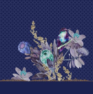 Çiçekler tropik mavi kuş tasarımı 