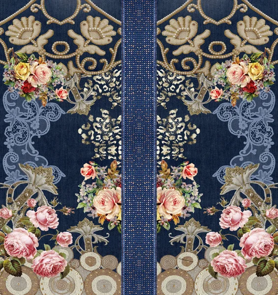 Flowers Roses Jeans Texture Design — Stockfoto