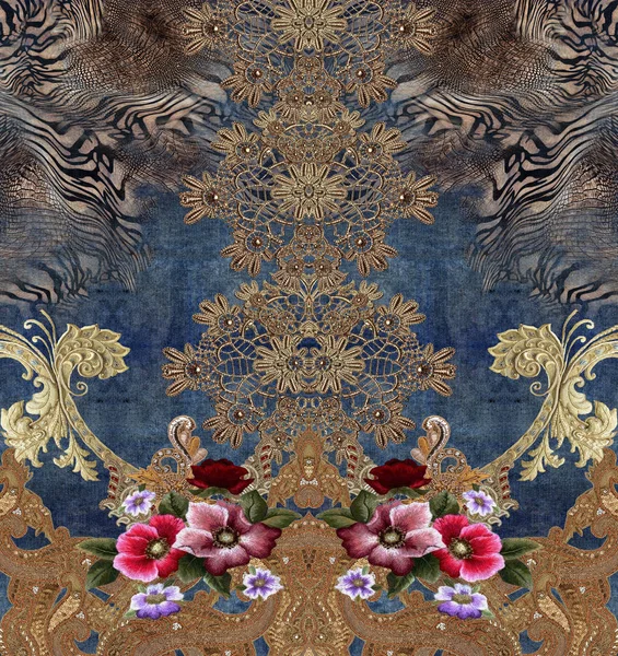 Çiçek Işlemeli Barok Kot Kumaşı — Stok fotoğraf