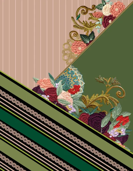 Blommor Broderier Gröna Geometriska Linjer — Stockfoto