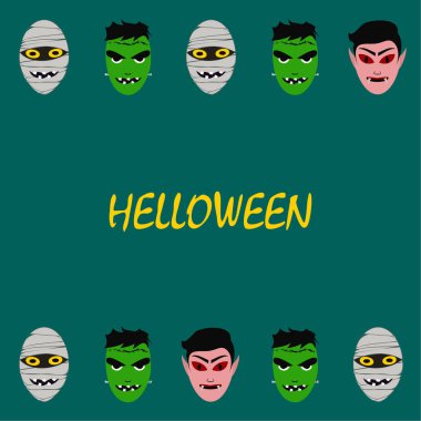 Cadılar Bayramı Poster renkli vektör çizim yüzü korkunç çizgi film karakterleri, Dracula, Frankenstein ve mumya olan 