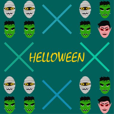 Cadılar Bayramı Poster renkli vektör çizim yüzü korkunç çizgi film karakterleri, Dracula, Frankenstein ve mumya olan 