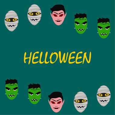 Cadılar Bayramı Poster renkli vektör çizim yüzü korkunç çizgi film karakterleri, Dracula, Frankenstein ve mumya olan 