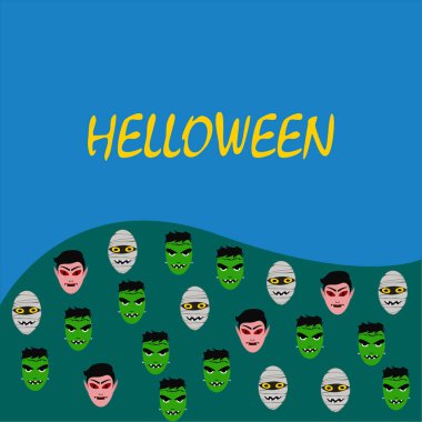 Cadılar Bayramı Poster renkli vektör çizim yüzü korkunç çizgi film karakterleri, Dracula, Frankenstein ve mumya olan 