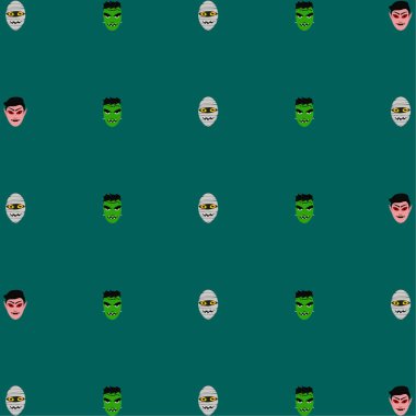 Cadılar Bayramı Poster renkli vektör çizim yüzü korkunç çizgi film karakterleri, Dracula, Frankenstein ve mumya olan 