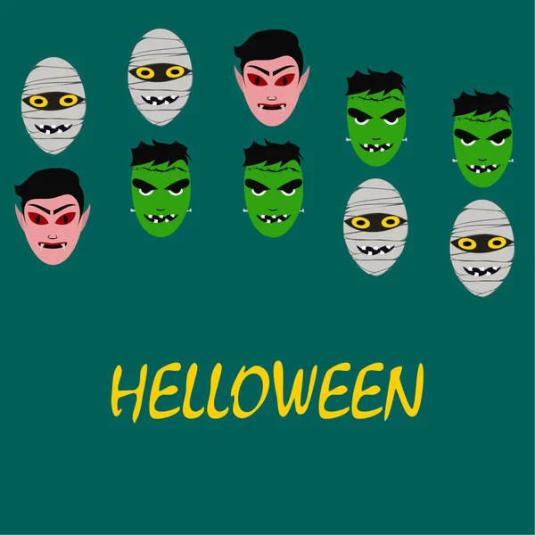 Cadılar Bayramı Poster renkli vektör çizim yüzü korkunç çizgi film karakterleri, Dracula, Frankenstein ve mumya olan 