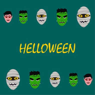 Cadılar Bayramı Poster renkli vektör çizim yüzü korkunç çizgi film karakterleri, Dracula, Frankenstein ve mumya olan 
