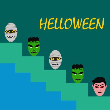 Cadılar Bayramı Poster renkli vektör çizim yüzü korkunç çizgi film karakterleri, Dracula, Frankenstein ve mumya olan 