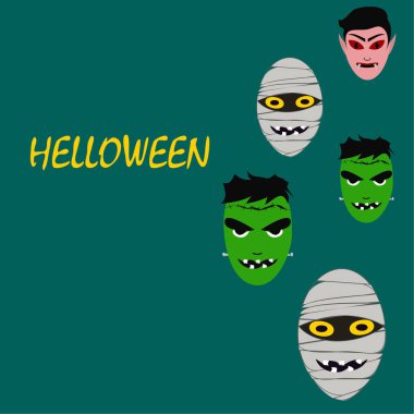 Cadılar Bayramı Poster renkli vektör çizim yüzü korkunç çizgi film karakterleri, Dracula, Frankenstein ve mumya olan 
