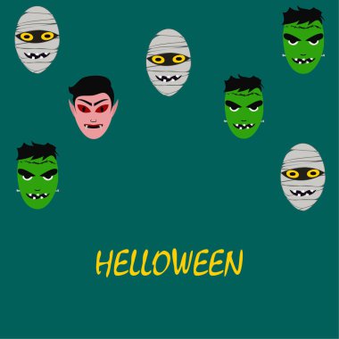 Cadılar Bayramı Poster renkli vektör çizim yüzü korkunç çizgi film karakterleri, Dracula, Frankenstein ve mumya olan 