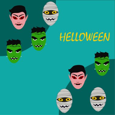 Cadılar Bayramı Poster renkli vektör çizim yüzü korkunç çizgi film karakterleri, Dracula, Frankenstein ve mumya olan 