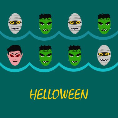 Cadılar Bayramı Poster renkli vektör çizim yüzü korkunç çizgi film karakterleri, Dracula, Frankenstein ve mumya olan 