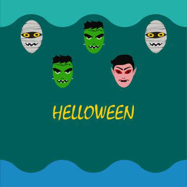 Cadılar Bayramı Poster renkli vektör çizim yüzü korkunç çizgi film karakterleri, Dracula, Frankenstein ve mumya olan 