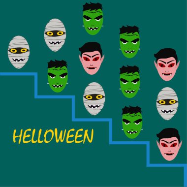 Cadılar Bayramı Poster renkli vektör çizim yüzü korkunç çizgi film karakterleri, Dracula, Frankenstein ve mumya olan 