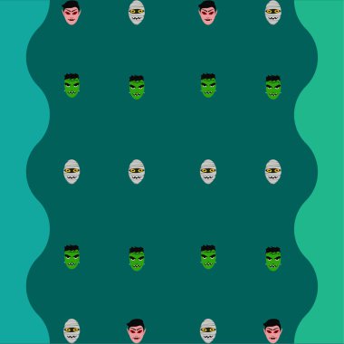 Cadılar Bayramı Poster renkli vektör çizim yüzü korkunç çizgi film karakterleri, Dracula, Frankenstein ve mumya olan 