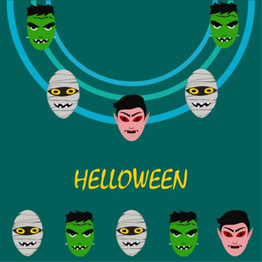 Cadılar Bayramı Poster renkli vektör çizim yüzü korkunç çizgi film karakterleri, Dracula, Frankenstein ve mumya olan 