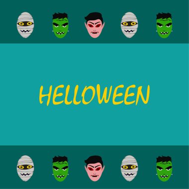 Cadılar Bayramı Poster renkli vektör çizim yüzü korkunç çizgi film karakterleri, Dracula, Frankenstein ve mumya olan 