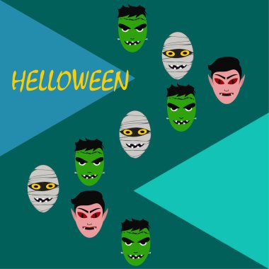 Cadılar Bayramı Poster renkli vektör çizim yüzü korkunç çizgi film karakterleri, Dracula, Frankenstein ve mumya olan 