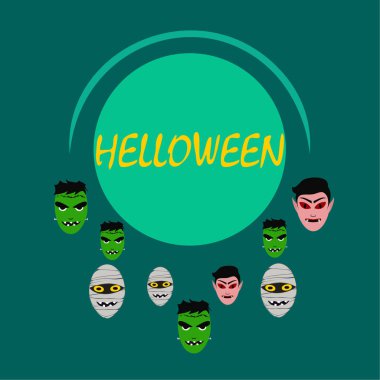 Cadılar Bayramı Poster renkli vektör çizim yüzü korkunç çizgi film karakterleri, Dracula, Frankenstein ve mumya olan 