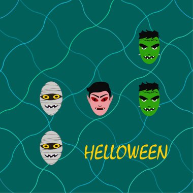 Cadılar Bayramı Poster renkli vektör çizim yüzü korkunç çizgi film karakterleri, Dracula, Frankenstein ve mumya olan 