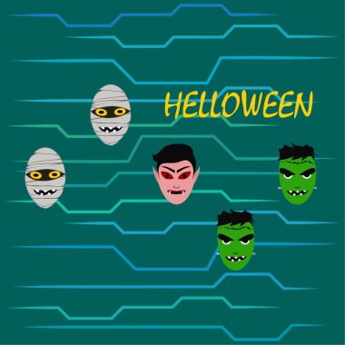 Cadılar Bayramı Poster renkli vektör çizim yüzü korkunç çizgi film karakterleri, Dracula, Frankenstein ve mumya olan 