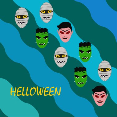 Cadılar Bayramı Poster renkli vektör çizim yüzü korkunç çizgi film karakterleri, Dracula, Frankenstein ve mumya olan 